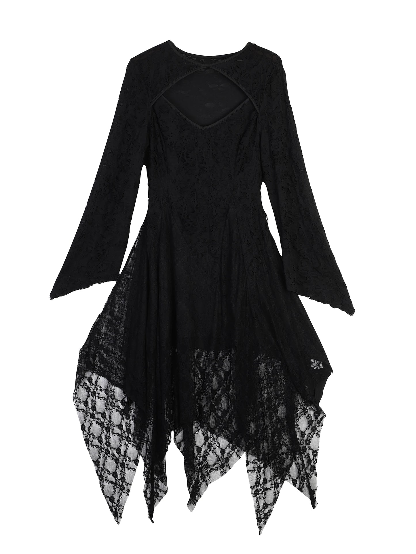Halloween Plus Size Women's Gothic Lace Flare Sleeve A-Line Midi Dress Ladies Asymmetrical Hem Punk Party Costplay Dress 1XL-6XL