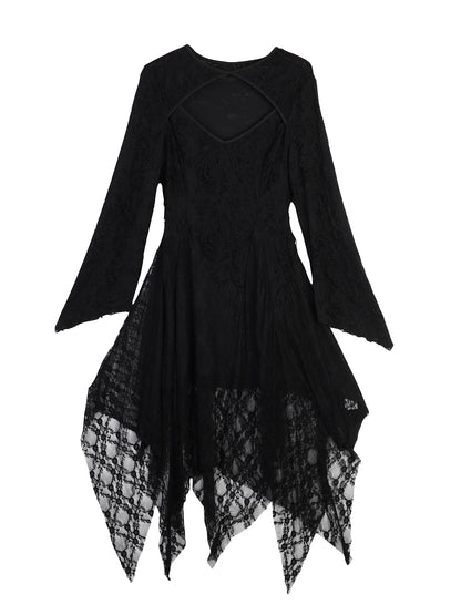 Halloween Plus Size Women's Gothic Lace Flare Sleeve A-Line Midi Dress Ladies Asymmetrical Hem Punk Party Costplay Dress 1XL-6XL