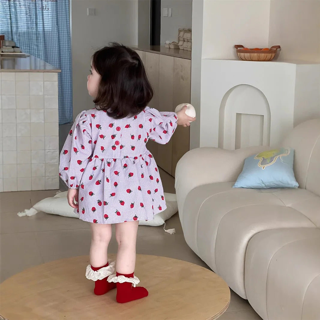 2025 Spring New Baby Girl Long Sleeve Dress Cute Strawberry Print Newborn Toddler Princess Bodysuit Dress Kids Girls Lace Dress