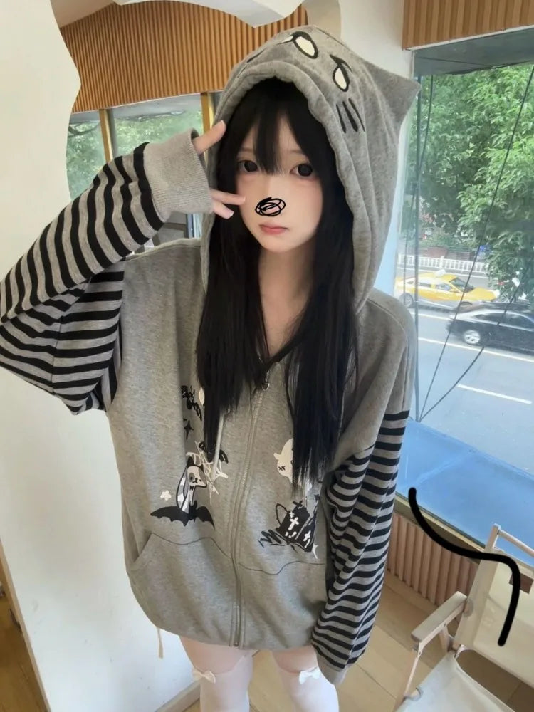 Cat Ear Hooded Sweatshirts Jackets Women Clothing Y2k Tops Patchwork Striped Anime Hoodie Ropa Mujer Casual Fashion Hoodies Coat