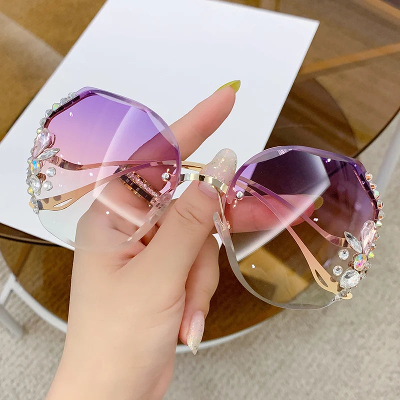 Women's New Diamond-encrusted Sunglasses Rimless Cut Edge Sunglasses Big Face Slimming Sunglasses