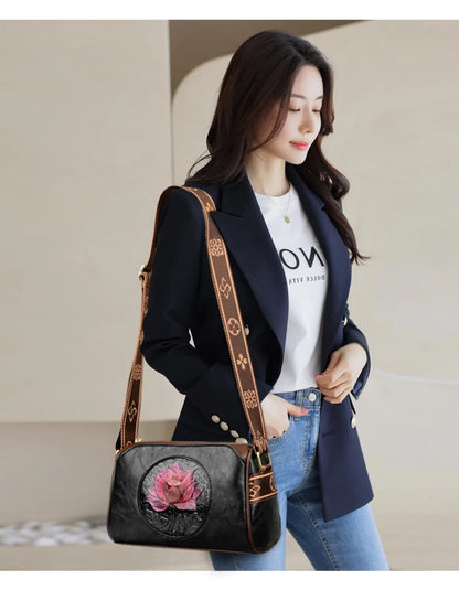 Three Layers Women Handbag Soft Leather Shoulder Crossbody Bags for Women Flower Print Ladies Messenger Bag with WIde Strap