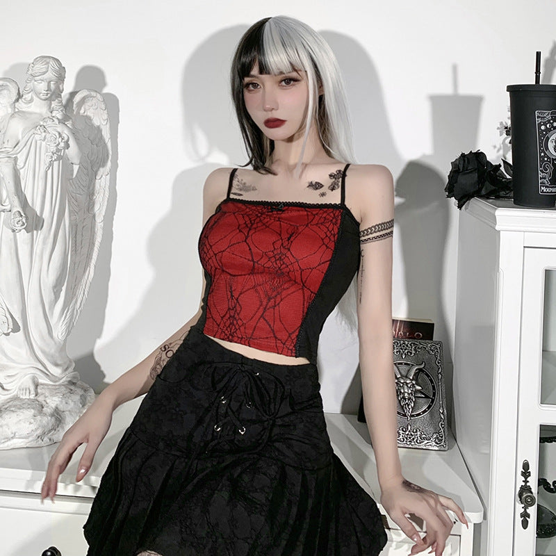 Gothic Cami Tops Y2K Aesthetic Grunge Mall Goth Crop Top Mesh Spider Net Lace Tank Lace Top E-girl Harajuku Slim Tees