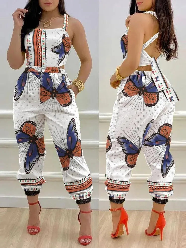 New Summer Fashion Printed Sleeveless Jumpsuit Sexy Hollow Backless Lace Up Long Jumpsuits Elegant Casual Jumpsuit With Pocket Badiee Stylez