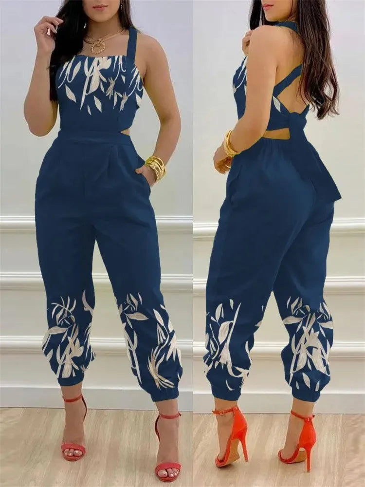 New Summer Fashion Printed Sleeveless Jumpsuit Sexy Hollow Backless Lace Up Long Jumpsuits Elegant Casual Jumpsuit With Pocket Badiee Stylez