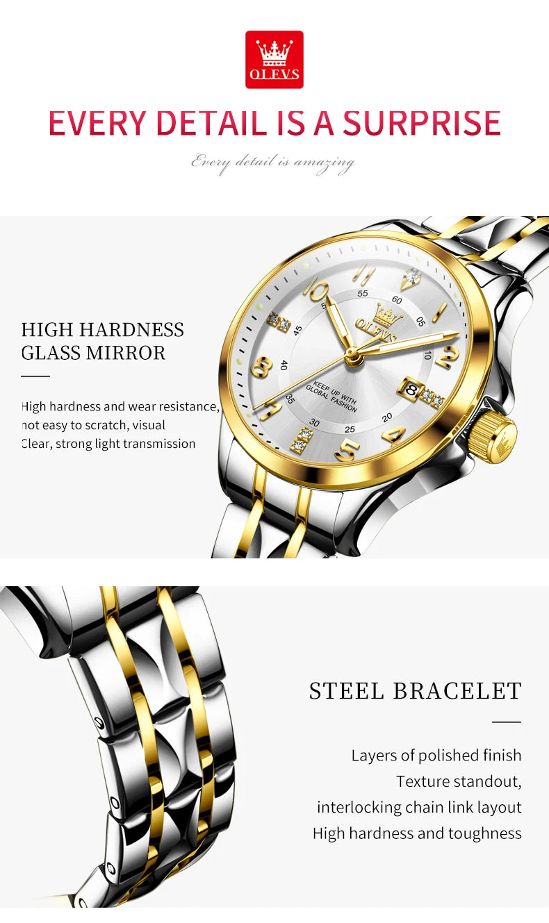 OLEVS 2910 Original Quartz Watches for Women Rhombus Steel Strap Waterproof Luminous Calendar Elegant Luxury Ladies Wristwatches