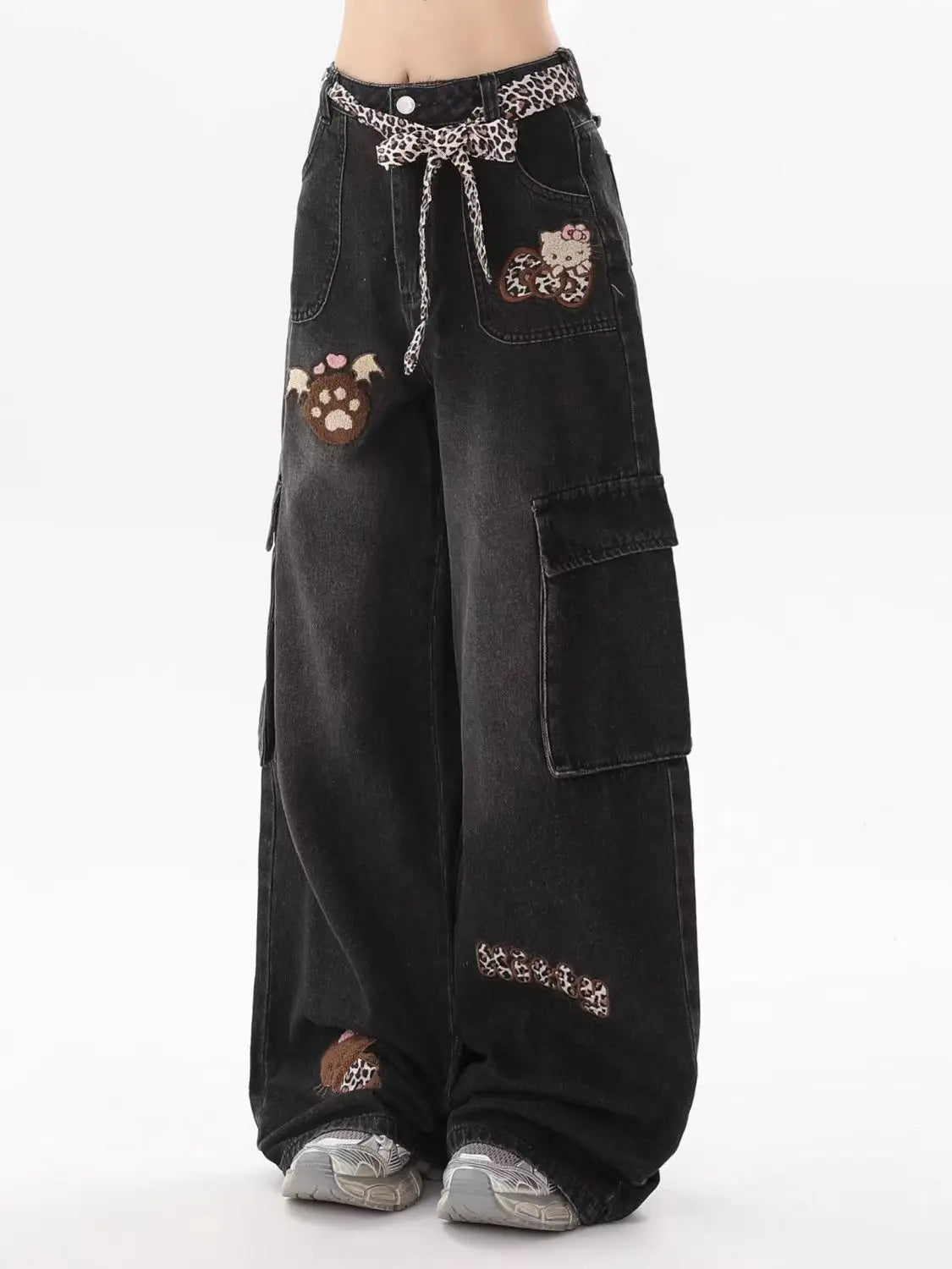 Y2K fashion retro cartoon embroidered women wide-leg jeans casual Harajuku loose pants street personality high-waisted jeans