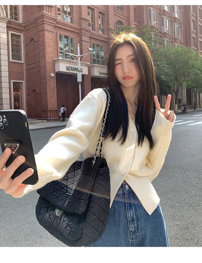 AOSSVIAO Knitted Casual Cardigan 2025 Autumn Winter Elegance Solid Color V-neck Sweater Unique and Niche Slim Fit Tops Badiee Stylez