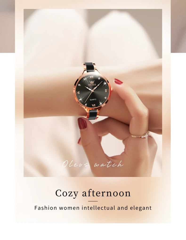 OLEVS 5872 Women Watch Elegant Luxury Original Quartz Watch Waterproof Luminous Ceramic Strap Watches For Women Bracelet Set