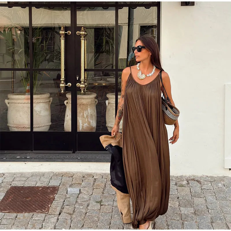 Fashion Solid Pleated Jumpsuit Women Chic Sleeveless U Neck Backless Loose Vacation Pants Set 2025 Summer Holiday Street Outfit