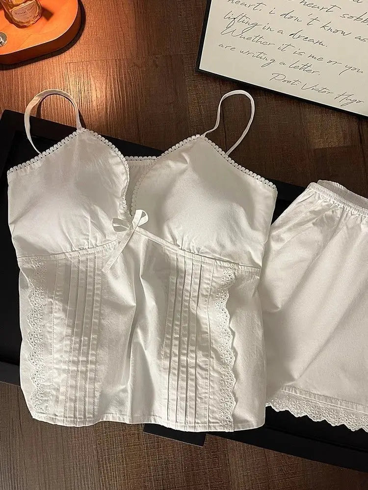 Lace Sleepwear Women Pajama Sets Spaghetti Strap Piiama Shorts Sets 2 Pieces Korean Night Wears Summer Cute White Home Suit 2025