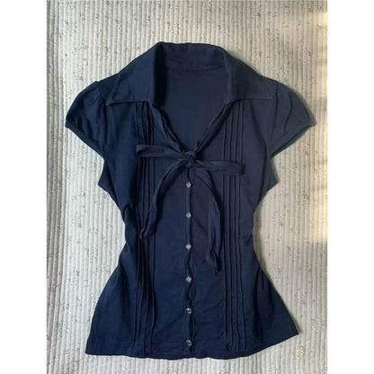 Retro new black Japanese V-neck shirt for women Harajuku Goth large size waist-hugging and slimming fashion top OO-blue