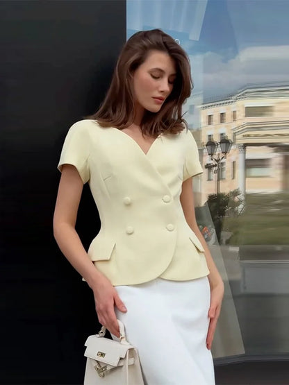 Elegant Short Sleeve Women's Top 2025 Summer Fashion V-neck Button Slim Office Lady Commuting Tops Street Solid Female Shirt