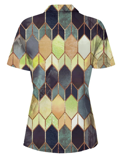 Versatile All-Season Women's Polo Shirt- Easy-Care,Stretch Comfort with Stylish Zip and Geometric Design for Everyday Casual Wea