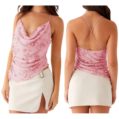 Combhasaki Women Summer Sleeveless Beading Camis Top V-neck Tie-up Cross Backless Pearl Glitter Sequin Flower Embroideried Vest Draped Pink
