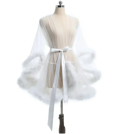 Sexy Feather Robe Large Size Seductive Mesh Perspective Sex Fur Bathrobe Passionate Waist Tightening Robe Dressing Gown Bridal White