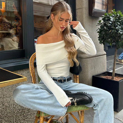 Candyhot Solid Elegant Off Shoulder Ribbed Crop Tops Autumn Fashion Casual Skinny Long Sleeve Camis Gentle Y2K Tight T-shirts