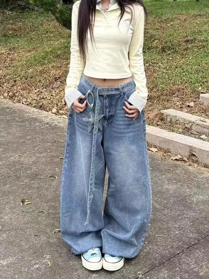 Y2K fashion retro cartoon embroidered women wide-leg jeans casual Harajuku loose pants street personality high-waisted jeans