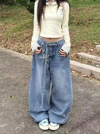 Y2K fashion retro cartoon embroidered women wide-leg jeans casual Harajuku loose pants street personality high-waisted jeans