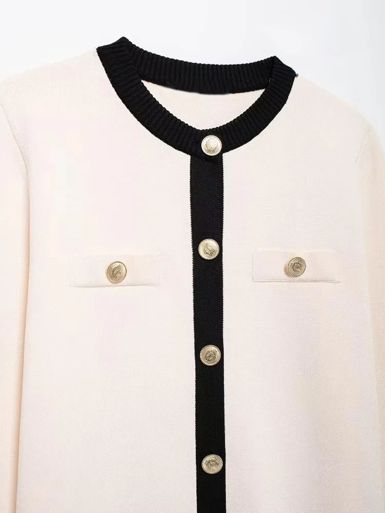 TRZA-Women's Knitted Cardigan Sweater with Golden Buttons, O-Neck, Long Sleeve, Female Outerwear, Chic Tops, Fashion