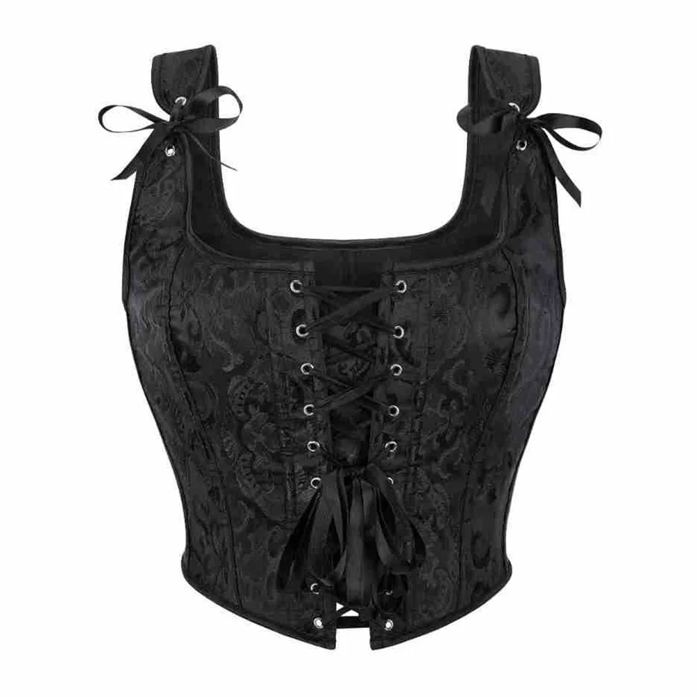 Blue Jacquard Corset Sexy Shoulder Straps Overbust Bustiers Crop Top Lace Up Brocade Vest Lingerie Gothic For Women Outfit black