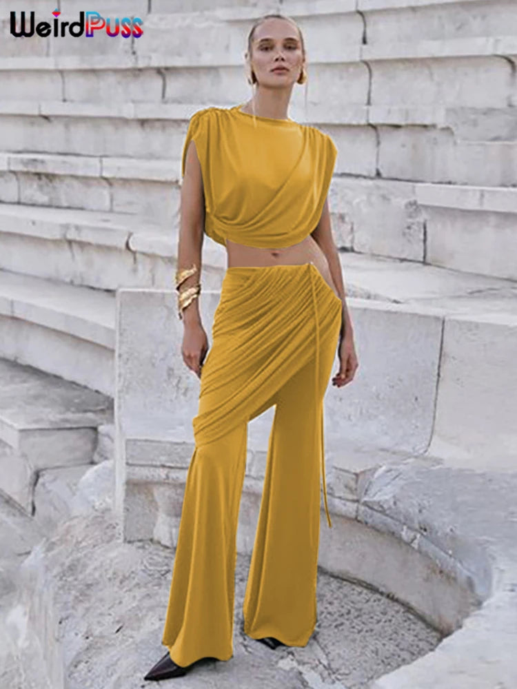 Weird Puss Elegant Irregular 2Piece Set Summer Women Chic Classic Tank Tops+Skirts Pants Matching Trend Ruched Suits Streetwear Badiee Stylez
