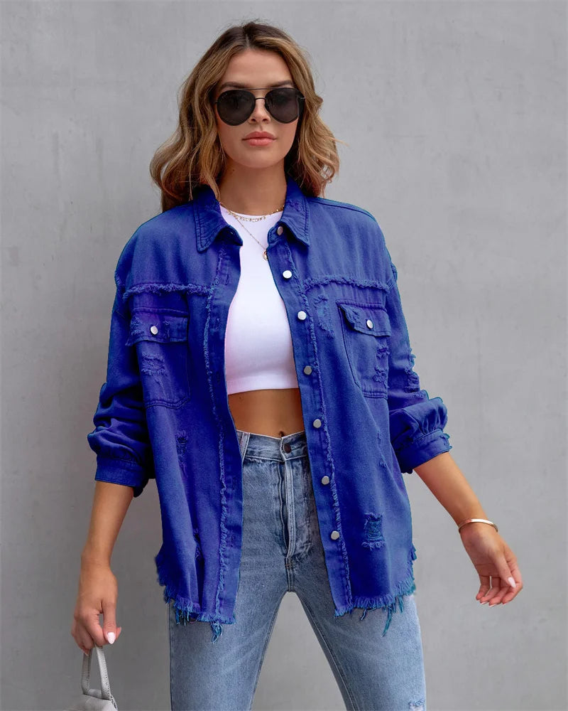 2025 Spring Autumn Shirt Style Denim Jacket Women Holes Raw-edges Jeancoat Casual Tops Female Oversize Loose Outerwear 7 Colors