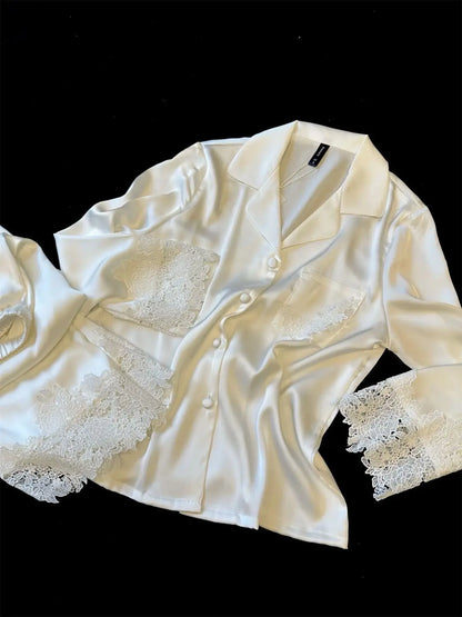 Female Pajamas Set White Satin Lace Trim Bride Wedding Sleepwear Gift Homewear Sexy Loose Long Sleeve Trouser Suit Loungewear