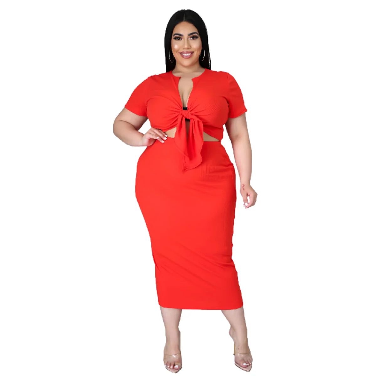Plus Size New Arrival Fashional Women's Top and Skirt Suit Big Size V Neck Short Sleeve Casual Top ansd Skirt Set For Women Red