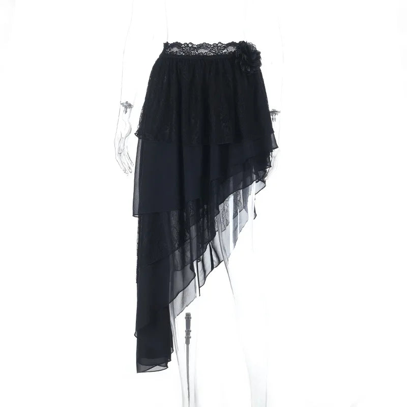 Harajuku American Fashion Gothic Black Irregular Layer Spliced Layered Skirt Women's Summer Fashion Street Y2K Long Skirt