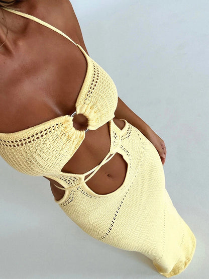 Women's Sleeveless Knit Long Dress Solid Color Halter Front Cutout Back Tie-Up Slim Dress Summer Beach Casual Dress