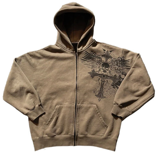 Fashion Trend New Hip Hop Oversized Skull Print Sports Zipper Top Y2K Vintage Street Dark Wind Print Sweater Coat Men And Women