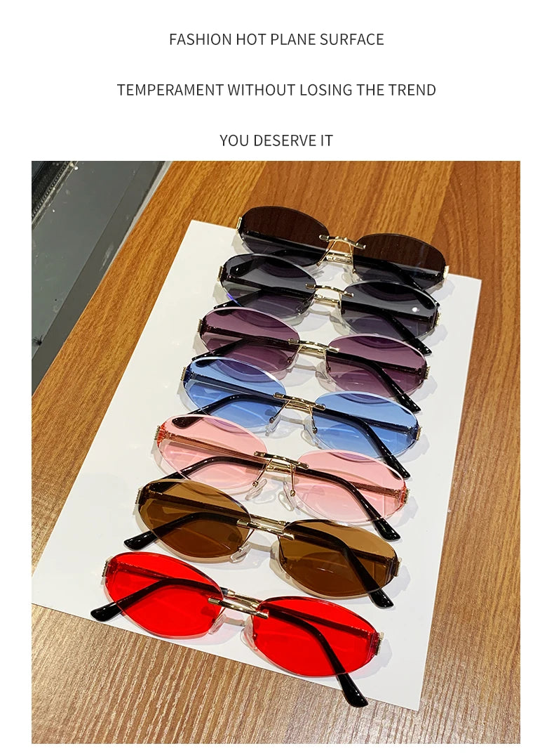 Retro Frameless Oval Concave Design Y2k Personalized Sunglasses Trendy Uv Resistant Street Photography Sunglasses 90275