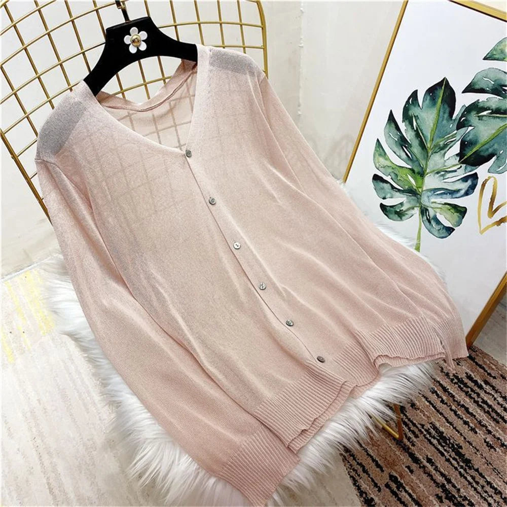Spring Summer Comfortable Casual Blouses white knitted cardigan 2024 Women's Clothing Solid V-neck Elegant Fashion Button Loose