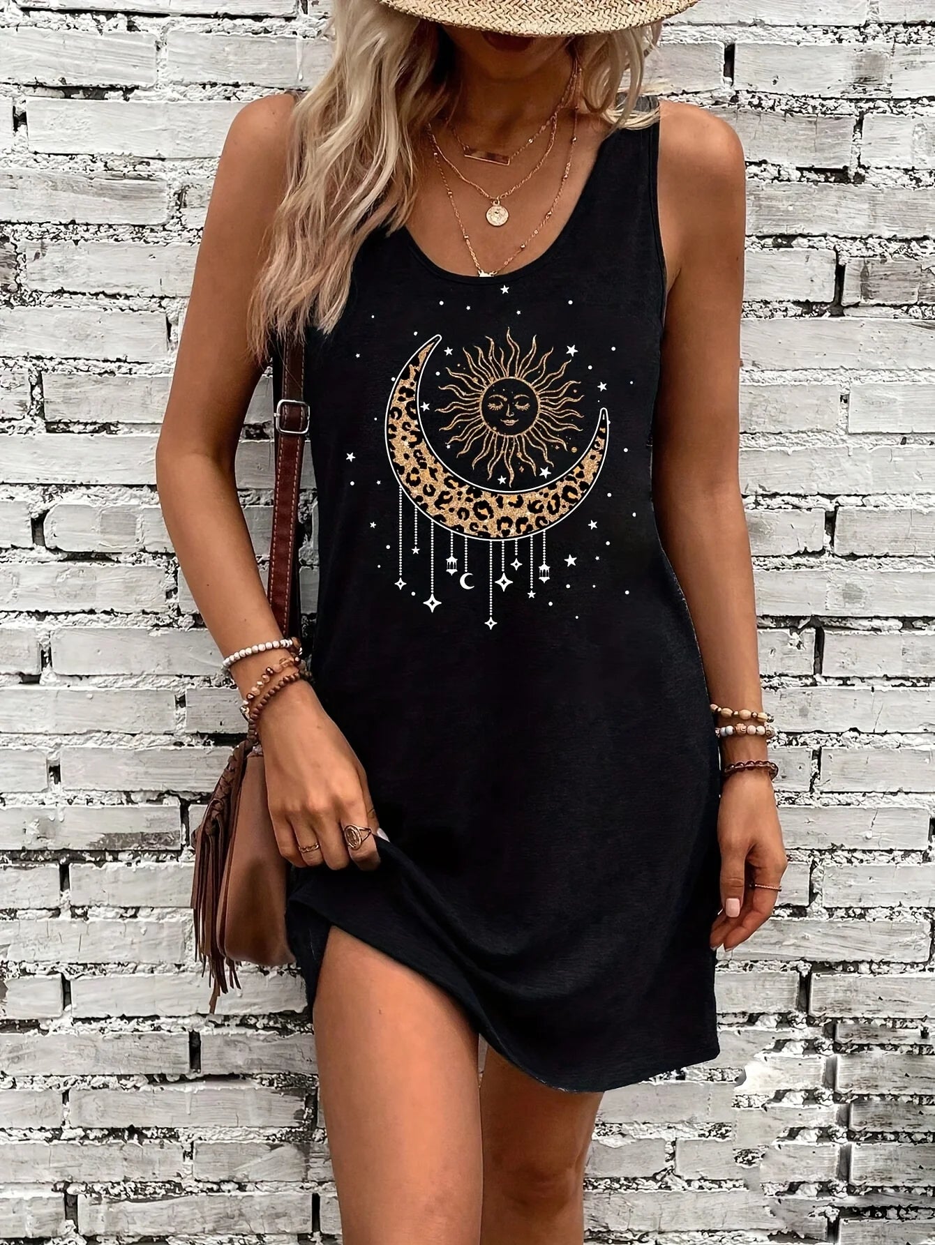 Women's Summer Sleeveless Tank Top Dress Sexy Women's summer loose sleeveless short mini dress with black print