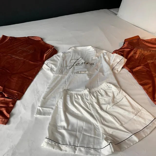 Monogram Bridesmaids Bridal Party Pyjamas Personalized Silky Satin Pajamas Bride and Bridal Squad Silk Satin Wedding Pyjama Set