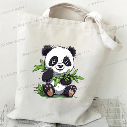 Canvas Bag for Women Cartoon Panda Printed Shopper Handbags Storage Reusable Canvas Shoulder Bag China Panda Female Tote Bag 7