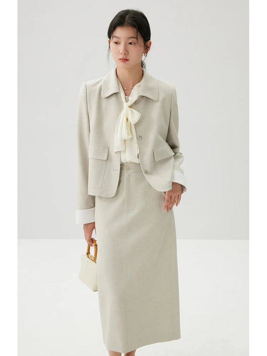ZIQIAO Apricot Temperament Polo Neck Short Single Breasted Blazer Coat High Waist Zipper Waist Women Skirt 24ZQ91167+24ZQ91168