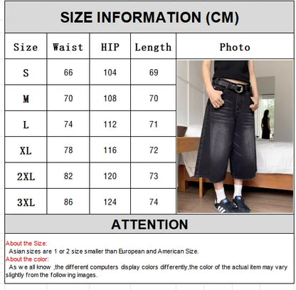 High Waist Black Retro Washed Denim Shorts Women's Harajuku Vintage Fashion Casual Loose Y2K Streetwear Mid Long Wide Leg Pants