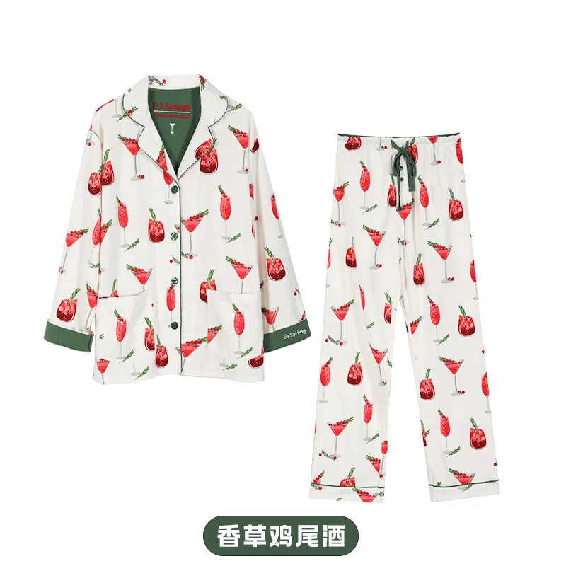 Women's Print Cotton Pajama Set Long Sleeve Autumn Winter Ladies Sleepwear 2 Pcs with Pant Single Breasted Pijama Suit Female Style 4