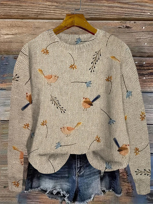 plus Size Bird Print round Neck Pullover Sweater Elegant Long Sleeve Autumn Spring New 2024 Women's Fashion Khaki