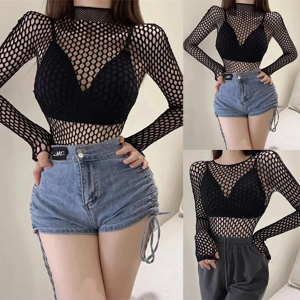 Womens Sexy Mesh Long Sleeve Fishnets Tops Fun Fashion Slim Fit Tops Hollow Out See Through Loose Female T-shirts Crop soft Top
