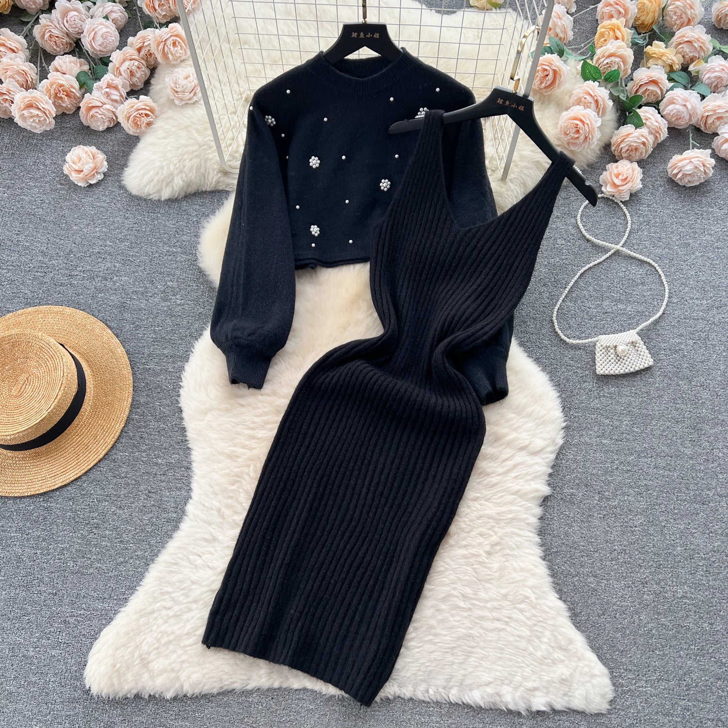 SINGREINY Beading Casual Two Piece Set Women Long Sleeve O Neck Pullover Midi Dress Fashion 2023 Winter Sweater Suit Dresses Badiee Stylez