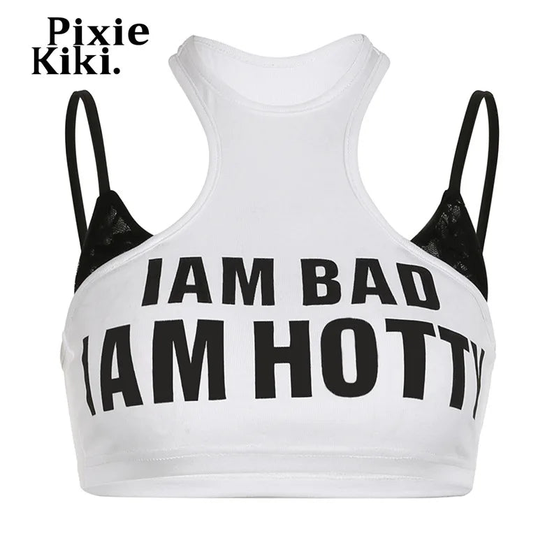 PixieKiki Letter Print Fake Two Pieces Racerback Tank Top Women Trendy Clothes 2024 Summer Y2k Crop Tops Streetwear P67-CA10