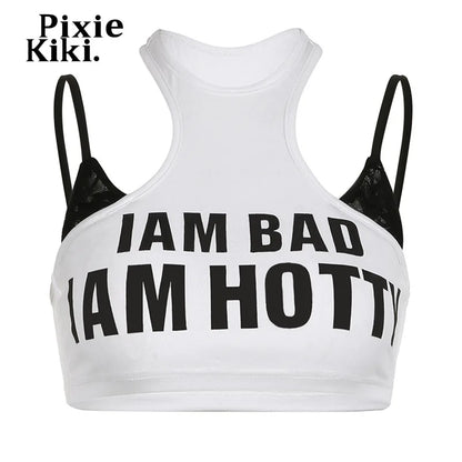 PixieKiki Letter Print Fake Two Pieces Racerback Tank Top Women Trendy Clothes 2024 Summer Y2k Crop Tops Streetwear P67-CA10