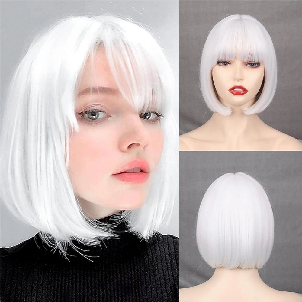 HAIRJOY Women Short Straight White Bob Wig with Bangs Synthetic Hair for Daily Party Cosplay Halloween white 10inches