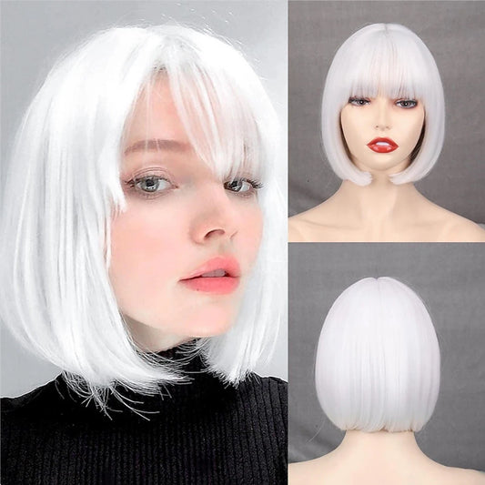 HAIRJOY Women Short Straight White Bob Wig with Bangs Synthetic Hair for Daily Party Cosplay Halloween white 10inches