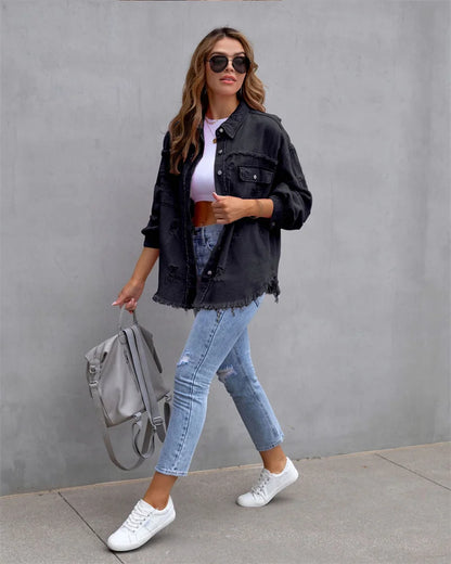 2025 Spring Autumn Shirt Style Denim Jacket Women Holes Raw-edges Jeancoat Casual Tops Female Oversize Loose Outerwear 7 Colors