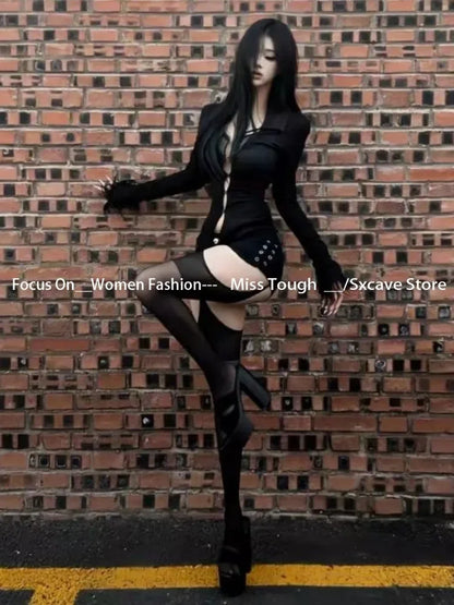 Gothic Y2k Aesthetic Women Sexy Hollow Out T-shirt Vintage Lace Patchwork Streetwear Grunge Tops Harajuku Slim Fit Black Tees