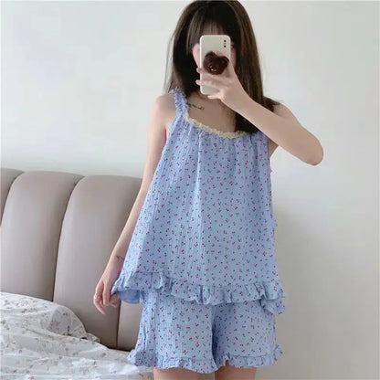 Pajamas Set for Women Sexy Home Clothing Sleepwear Tank Top Suit Shorts Cute Underwear Soft Nightwear Sleeveless Lace Loungewear